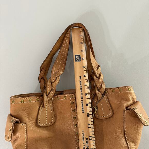 Fossil Tan Leather Shoulder Bag Satchel Studded Braided Handles w/ Key Charm - Picture 8 of 11